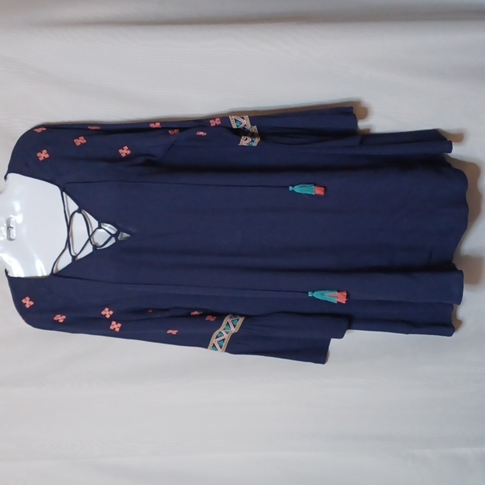 SUGAR + LIPS Navy Blue Embroidered Dress With Long Bell Sleeves. Size S